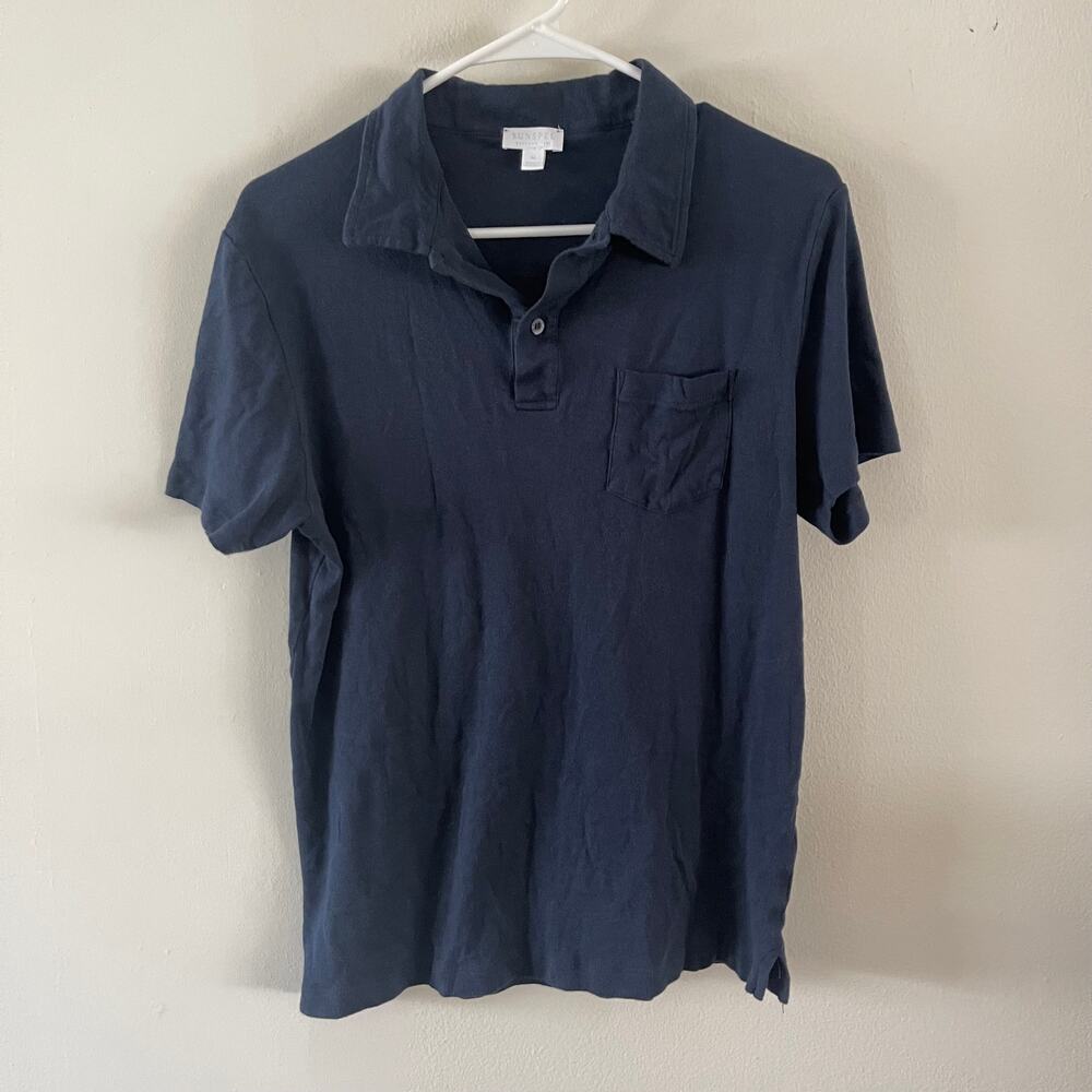 Sunspel Mens M Sea Island Cotton Jersey Polo Shirt Navy Blue MPOL1048